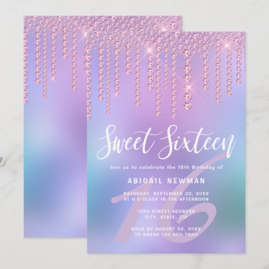 ピンク·ローズ·金ゴールド·エレガントダイヤモンド·ドリップ·sweet sixteen 招待状 (正面/裏面)