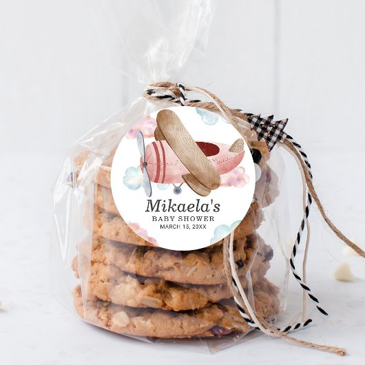 ピンク ヴィンテージ飛行機ベビーシャワーお礼 ラウンドシール