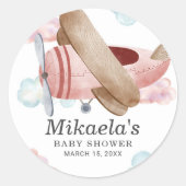 ピンク ヴィンテージ飛行機 ベビーシャワー お礼 ラウンドシール (正面)