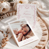 ピンク ヴィンテージ エレガント フラワー ガール 洗礼 フォト 招待状