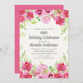 ピンク ヴィンテージ フローラル グリーン 100歳の誕生日 招待状 (正面/裏面)