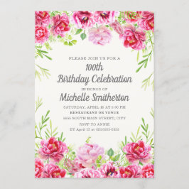 ピンク ヴィンテージ フローラル グリーン 100歳の誕生日 招待状