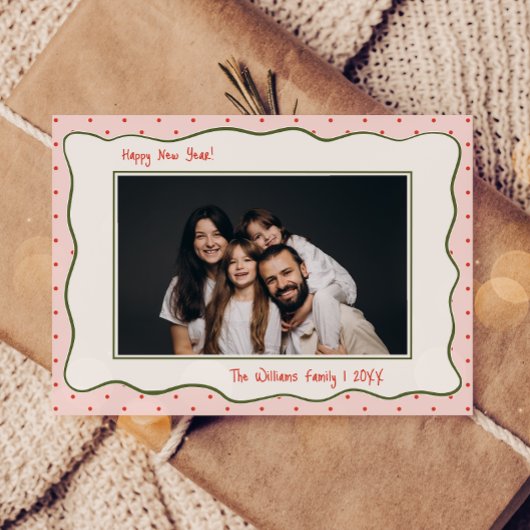 ピンク ヴィンテージ 手描きフレーム 写真 新年 シーズンカード