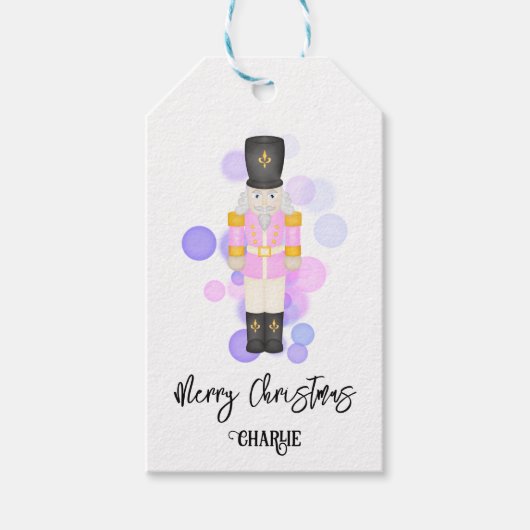 ピンク&伝統的薄紫クリスマスナツクラッカー ギフトタグ (正面)