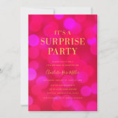 ピンク《写真》ぼけ味金ゴールドサプライズパーティー誕生日 招待状 (正面)