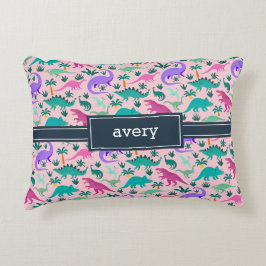 ピンク |可愛いカラフル恐竜のパターン子供の名前 アクセントクッション