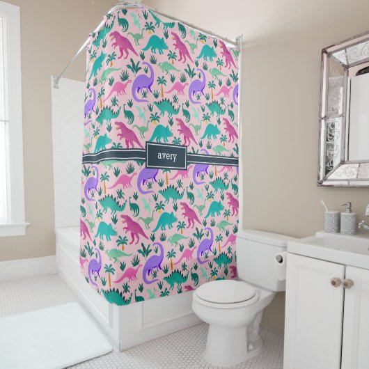ピンク |可愛いカラフル恐竜のパターン子供の名前 シャワーカーテン (インサイチュ)