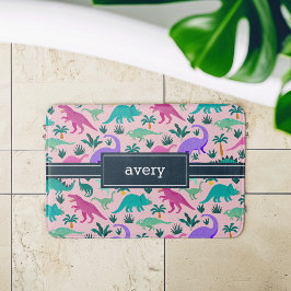 ピンク |可愛いカラフル恐竜のパターン子供の名前 バスマット