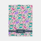 ピンク |可愛いカラフル恐竜のパターン子供の名前 フリースブランケット (正面)