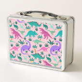 ピンク |可愛いカラフル恐竜のパターン子供の名前 メタルランチボックス (裏面)