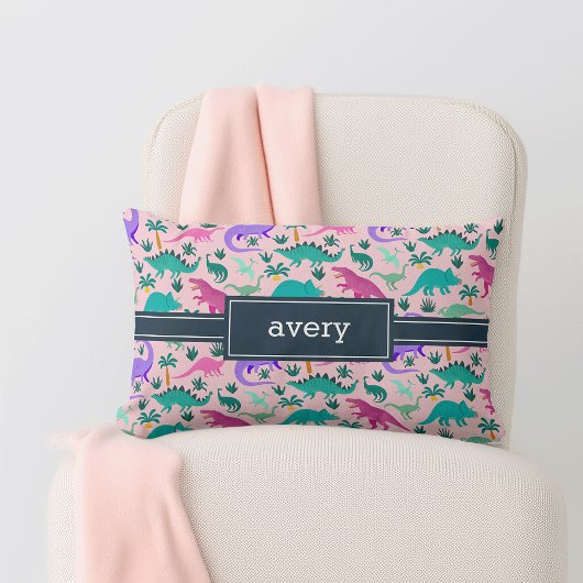 ピンク |可愛いカラフル恐竜のパターン子供の名前 ランバークッション