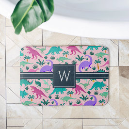 ピンク |可愛いカラフル恐竜の柄キッドモノグラム バスマット