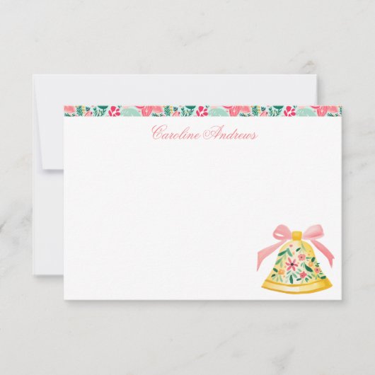 ピンク&名門私立校風のグリーンパームビーチクリスマスベル サンキューカード (正面)