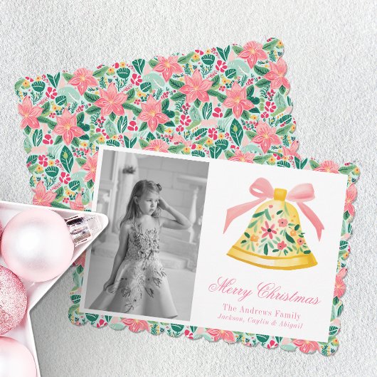 ピンク&名門私立校風のグリーンパームビーチクリスマスベル シーズンカード