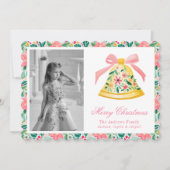 ピンク&名門私立校風のグリーンパームビーチクリスマスベル シーズンカード (正面)