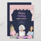ピンク、女の子のファッションショー誕生日パーティー 招待状 (正面/裏面)