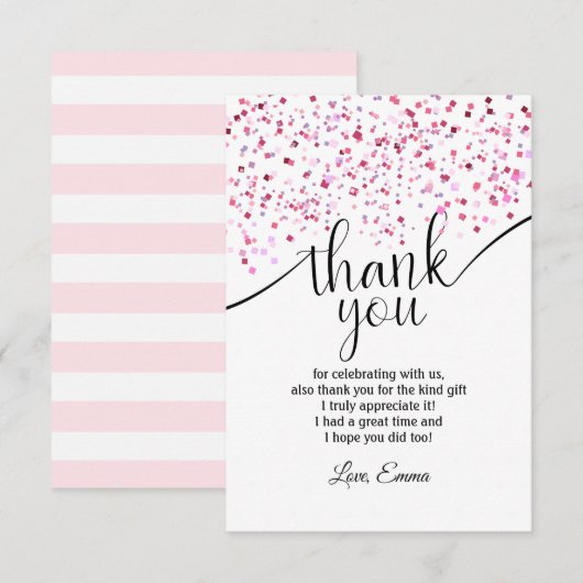 ピンク, 女の子, コンフェッティ,  サンクスカード 招待状 (正面/裏面)