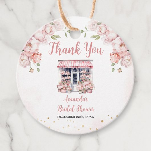 ピンク 彼女は市場から消えた ブライダルシャワーのお礼 フェイバータグ (正面)