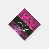 ピンク、明るい赤紫色ブラック、パープルダマスク白モノグラム スタンダードカクテルナプキン (角)