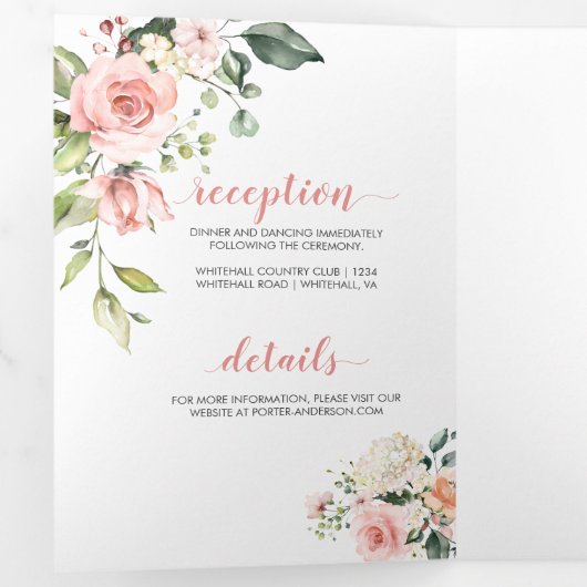 ピンク、桃、白水色のフローラ結婚's 三つ折り招待状 (内部最初)