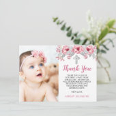 ピンク |灰色の水色フローラ写真バプテスマ サンキューカード (スタンド正面)