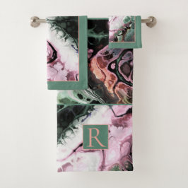 ピンク、灰色の緑の絞り染め大理石パターン、モノグラム バスタオルセット