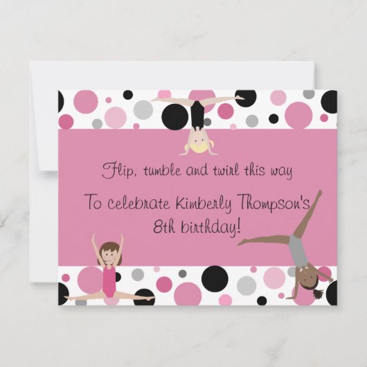 ピンク、灰色及び黒の体操のパーティー 招待状 (正面)