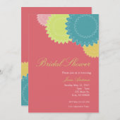 、ピンク、点々のあるな花-緑の青いティール（緑がかった色）珊瑚 招待状 (正面/裏面)