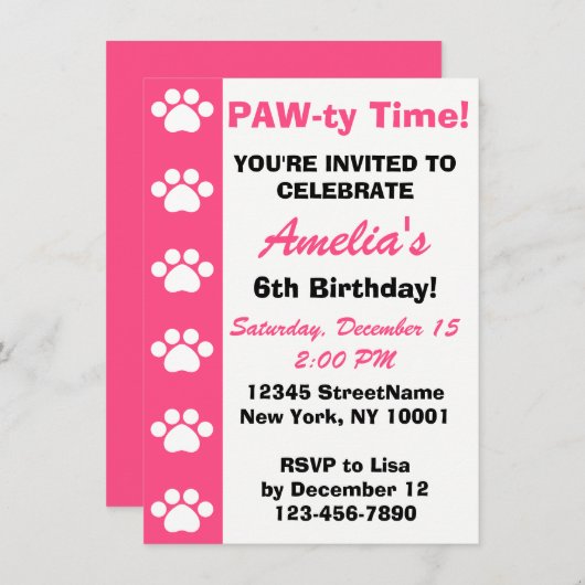 ピンク – 犬や猫をテーマにした誕生日パーティーへの招待 招待状 (正面/裏面)