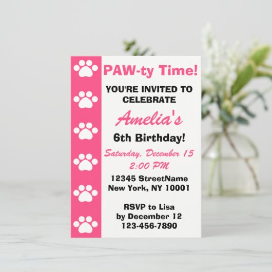 ピンク – 犬や猫をテーマにした誕生日パーティーへの招待 招待状 (スタンド正面)