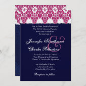 ピンク、白いおよび真夜中のダマスク織の結婚式招待状 招待状 (正面/裏面)