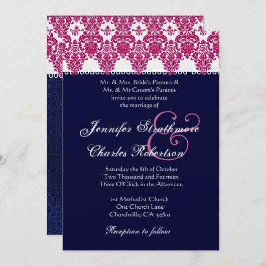 ピンク、白いおよび真夜中のダマスク織の結婚式招待状 招待状 (正面/裏面)