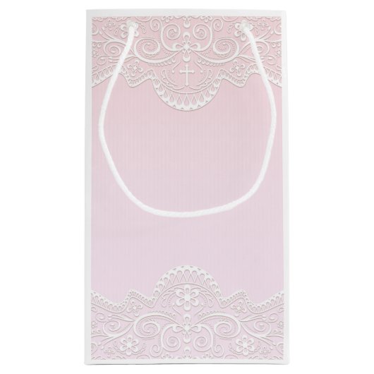 ピンク、白いレース、宗教的 スモールペーパーバッグ (裏面)