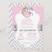 ピンク、白い灰色のサルのベビーシャワー 招待状 (正面/裏面)