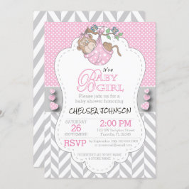 ピンク、白い灰色のサルのベビーシャワー 招待状