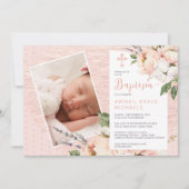 ピンク |白い牡丹開花女の子ベビー写真バプテスマ 招待状 (正面)