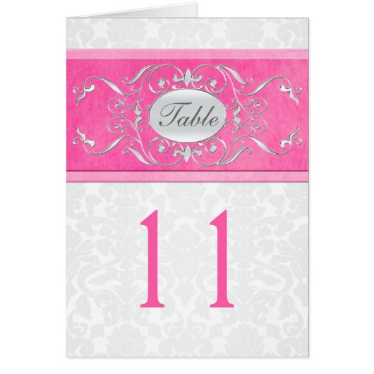ピンク、白い、および灰色のダマスク織のテーブル数カード (正面)
