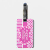 ピンク、白くストライプのな水玉模様の荷物のラベル ラゲッジタグ (裏面縦)