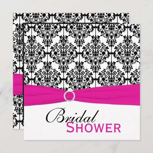 ピンク、白く、および黒いダマスク織のブライダルシャワーの招待 招待状 (正面/裏面)