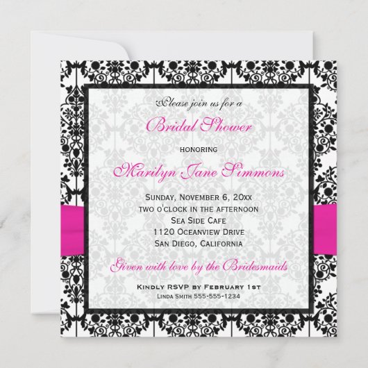 ピンク、白く、および黒いダマスク織のブライダルシャワーの招待 招待状 (裏面)