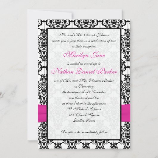 ピンク、白く、及び黒いダマスク織の写真の結婚式の招待 招待状 (裏面)