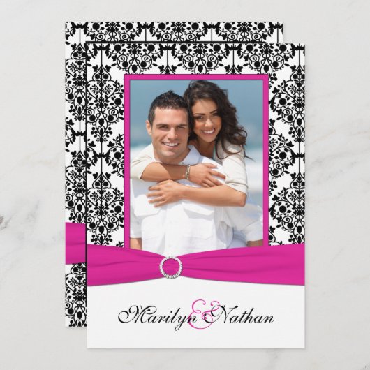 ピンク、白く、及び黒いダマスク織の写真の結婚式の招待 招待状 (正面/裏面)