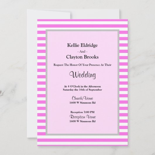 ピンク/白ストライプ枠結婚付き 招待状 (正面)