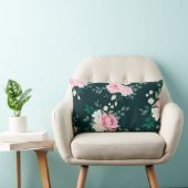 ピンク、白フローラ黒地 ランバークッション (椅子)