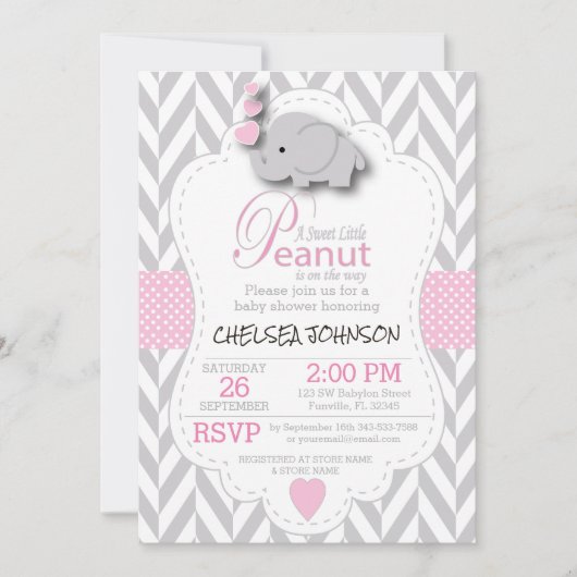 ピンク、白灰色の象🐘赤ちゃんシャワー2 招待状 (正面)