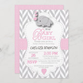 ピンク、白灰色の象🐘赤ちゃんシャワー 招待状 (正面/裏面)