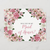 ピンク |白色のヴィンテージフローラメイド・オブ・オーナー(花嫁付き添い人)要求 インビテーションポストカード (正面/裏面)
