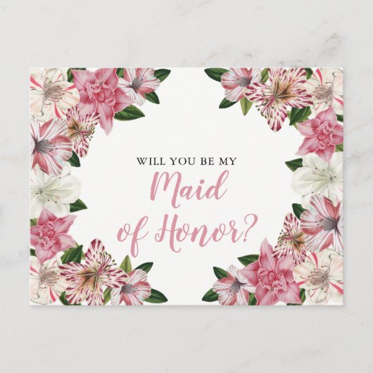 ピンク |白色のヴィンテージフローラメイド・オブ・オーナー(花嫁付き添い人)要求 インビテーションポストカード (正面)