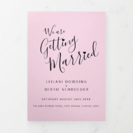 ピンク、白黒結婚リトルハートのオールインワン 三つ折り招待状