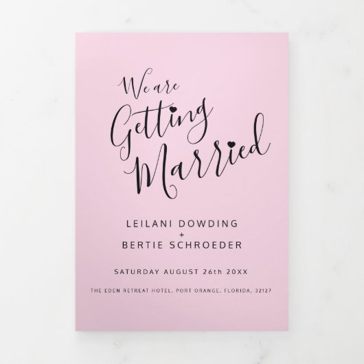 ピンク、白黒結婚リトルハートのオールインワン 三つ折り招待状 (カバー)